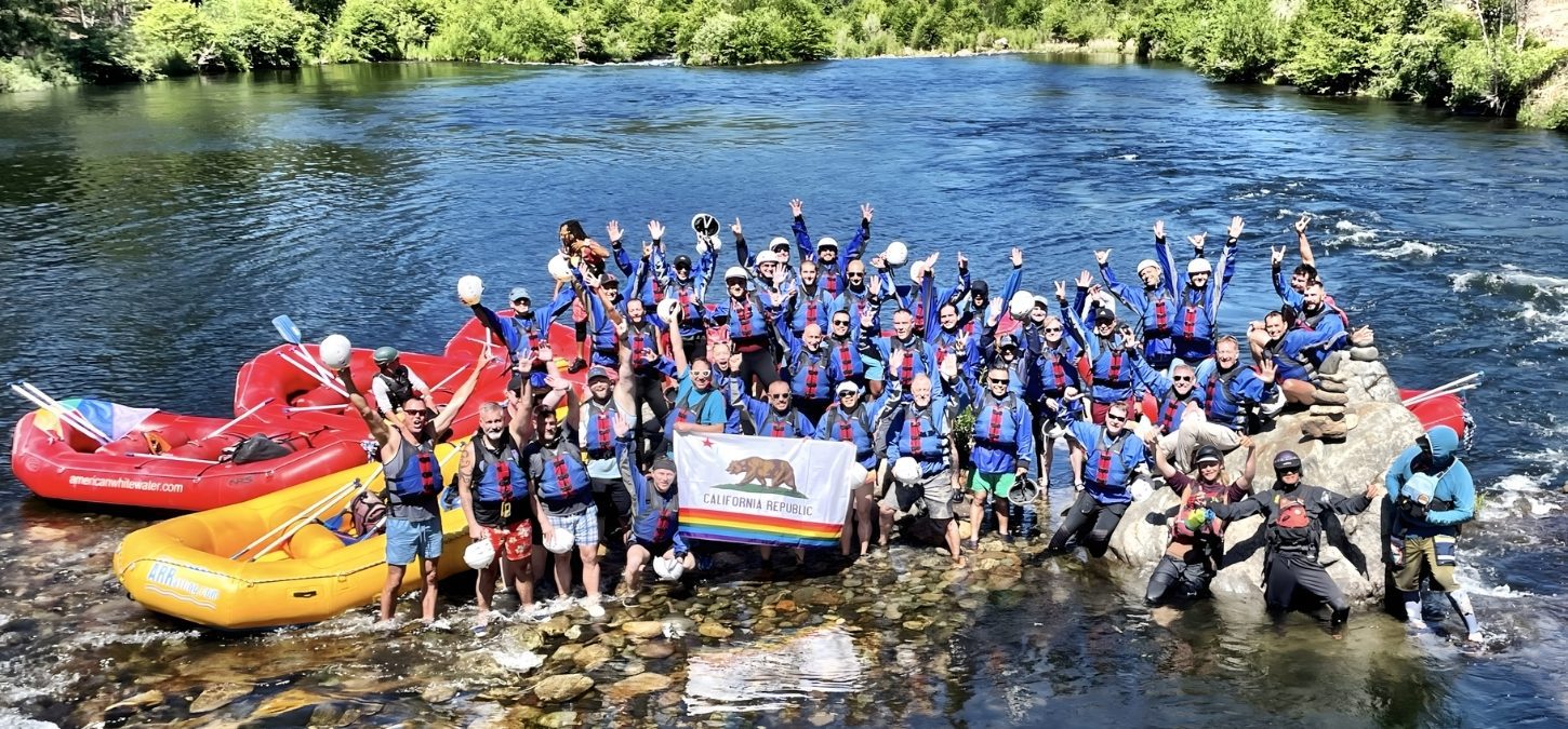 CGA California Gay Adventures group camping and whitewater rafting on the American River, May 2022